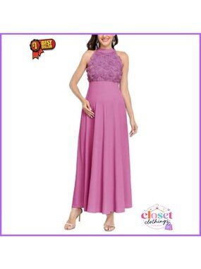3D Floral Halter Maternity Maxi Dress Ribbed A-Line Tie Back Baby Shower